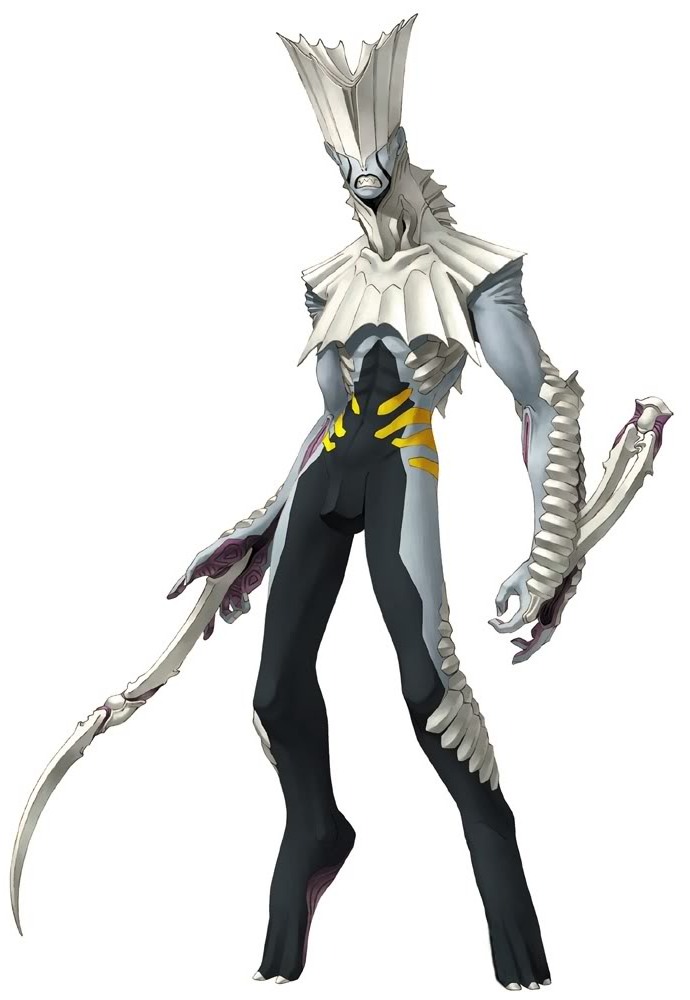 1boy arm_blade blade carapace claws demon demon_boy digital_devil_saga digitigrade kazuma_kaneko multicolored multicolored_skin nail no_eyes official_art sharp_teeth spines teeth varuna_(digital_devil_saga) weapon