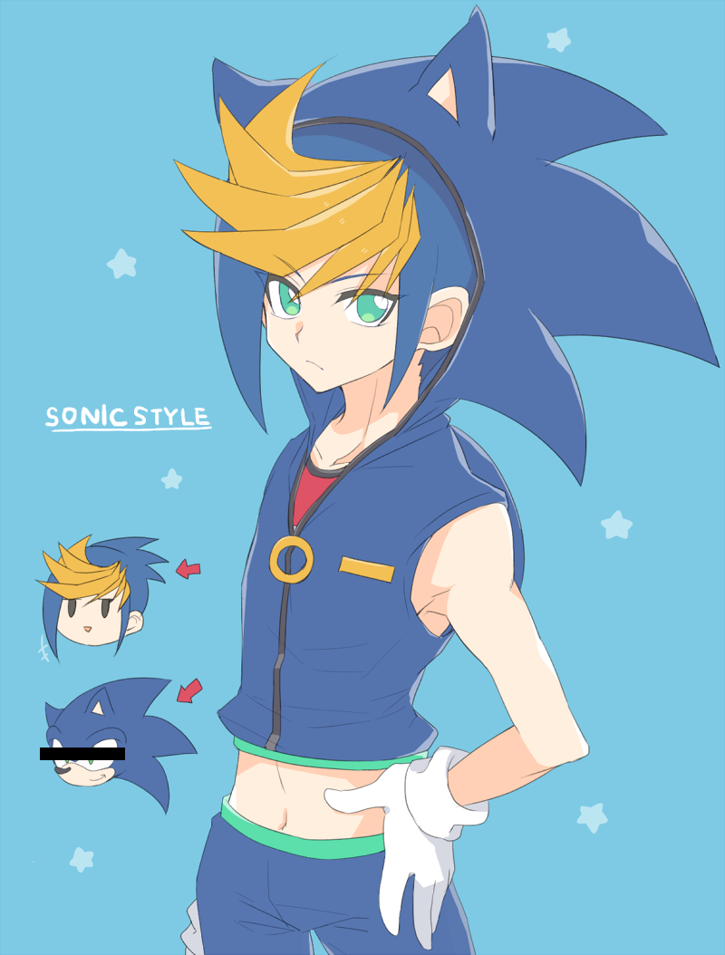 arrow bar_censor blue_hair blue_hoodie blue_pants censored cosplay english gloves green_eyes hand_on_hip looking_at_viewer pants rento_(rukeai) sideways_mouth smile sonic sonic_(cosplay) sonic_the_hedgehog spiky_hair star white_gloves yu-gi-oh! yuu-gi-ou_arc-v yuugo_(yuu-gi-ou_arc-v)