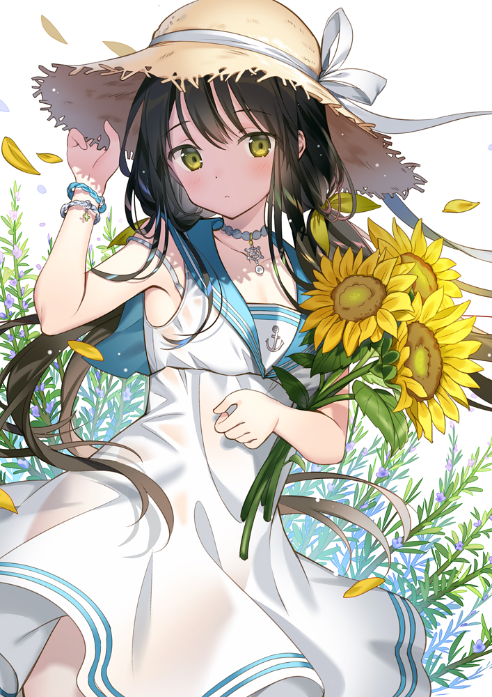 1girl bangs black_hair blush closed_mouth collarbone cowboy_shot dress eyebrows_visible_through_hair flower green_eyes hand_on_headwear hand_up hat holding holding_flower long_hair looking_at_viewer low_twintails original petals rie_(reverie) sailor_collar sailor_dress solo straw_hat sun_hat sunflower twintails white_dress