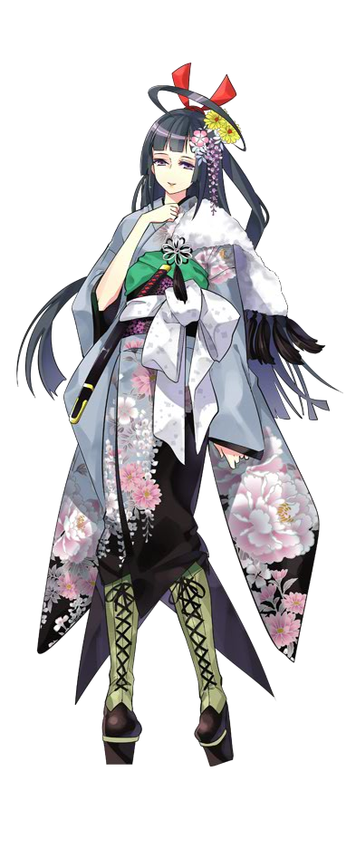 1girl ahoge black_hair boots cross-laced_footwear flower full_body hair_flower hair_ornament hand_on_own_chest japanese_clothes lace-up_boots long_hair official_art okayama_(oshiro_project) oshiro_project oshiro_project_re smile thigh-highs thigh_boots transparent_background tsurukame very_long_hair violet_eyes