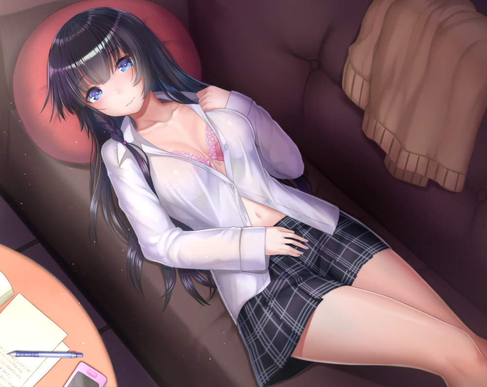 1girl bangs black_hair black_skirt blue_eyes bra braid breasts buttons cardigan cellphone cleavage closed_mouth clothes_removed collarbone collared_shirt commentary_request couch cushion dress_shirt from_above hair_tie indoors long_hair long_sleeves looking_at_viewer lying mechanical_pencil medium_breasts miniskirt mizya navel original paper partially_unbuttoned pencil phone pink_bra plaid plaid_skirt school_uniform shirt single_braid skirt smartphone solo table tile_floor tiles underwear white_shirt