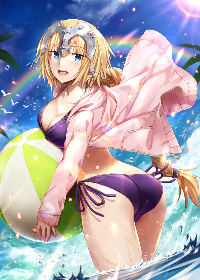 1girl ass ball beachball bikini bird blonde_hair blue_eyes breasts cleavage fate/apocrypha fate_(series) gabiran headpiece lens_flare long_hair medium_breasts purple_bikini rainbow ruler_(fate/apocrypha) solo splashing sunlight swimsuit wading