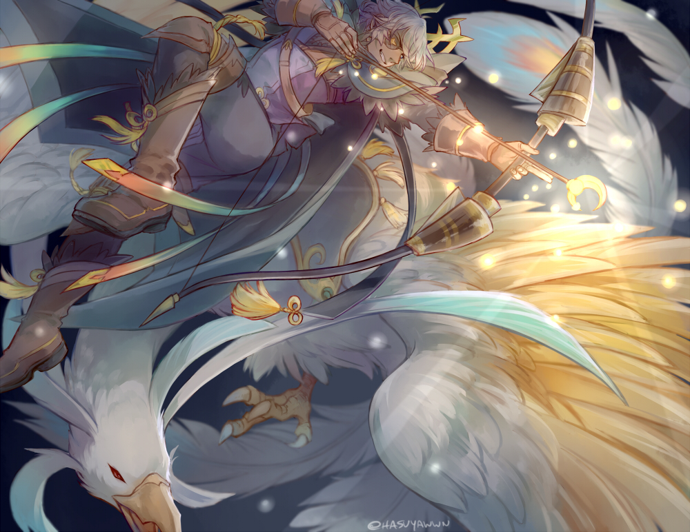 1boy animal arrow bird bow_(weapon) eyepatch fire_emblem fire_emblem_if grin hasuyawn japanese_clothes oversized_animal riding smile solo weapon white_hair zero_(fire_emblem_if)