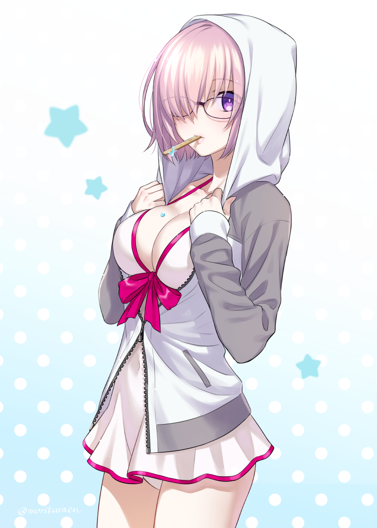 1girl breasts casual_one-piece_swimsuit cleavage covered_navel cowboy_shot eyebrows_visible_through_hair fate/grand_order fate_(series) food_on_body glasses hair_over_one_eye hands_on_own_chest hood hood_up hoodie large_breasts long_sleeves looking_at_viewer morikura_en mouth_hold one-piece_swimsuit partially_unzipped pink_hair polka_dot polka_dot_background popsicle_stick revision shielder_(fate/grand_order) short_hair solo swimsuit twitter_username violet_eyes white_swimsuit