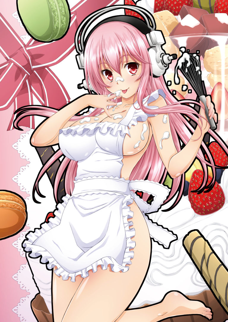 1girl apron artist_request barefoot blush breasts finger_licking food fruit headphones large_breasts licking long_hair looking_at_viewer macaron naked_apron nitroplus open_mouth pink_eyes pink_hair sideboob smile solo strawberry super_sonico tongue tongue_out whipped_cream whisk