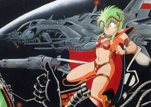 1girl 80s armor bikini_armor cape green_hair holding holding_sword holding_weapon horns kahm long_hair manabe_jouji official_art oldschool outlanders pauldrons solo space space_craft sword thigh_strap thumbs_up weapon