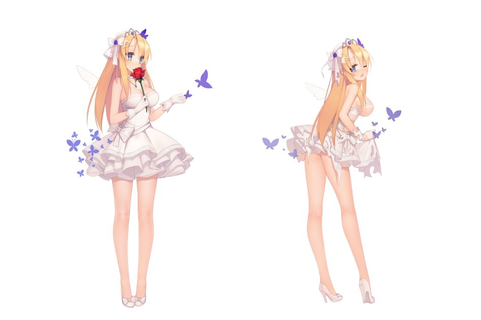 1girl :o alternate_costume blonde_hair blue_eyes blush breasts butterfly cleavage dress dress_lift fake_wings flower frilled_dress frills full_body gloves high_heels jewelry large_breasts long_hair necklace official_art red_rose rose saratoga_(zhan_jian_shao_nyu) short_dress solo strapless strapless_dress suisai. tiara torn_clothes torn_dress torn_gloves transparent_background under_boob white_dress white_gloves wince wings zhan_jian_shao_nyu