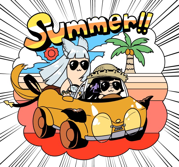 2girls bkub_(style) car chibi driving granblue_fantasy ground_vehicle hat korwa long_hair lunaru_(granblue_fantasy) matsuki_tou motor_vehicle multiple_girls parody straw_hat style_parody summer sunglasses