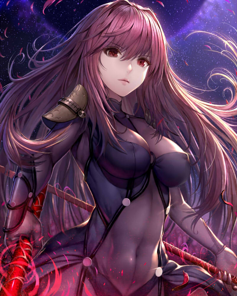 1girl bangs bodysuit breasts closed_mouth commentary_request covered_navel dual_wielding erect_nipples eyebrows_visible_through_hair fate/grand_order fate_(series) gae_bolg hisahisahisahisa light_particles lips long_hair medium_breasts pauldrons polearm purple_bodysuit purple_hair red_eyes redhead revision scathach_(fate/grand_order) skin_tight solo spear standing weapon