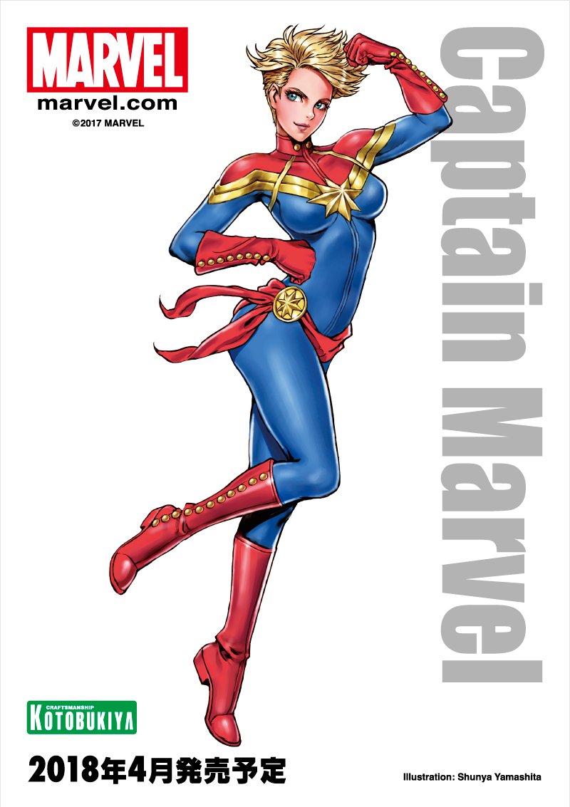 1girl artist_name blonde_hair blue_eyes bodysuit boots breasts captain_marvel carol_danvers character_name commentary_request copyright_name elbow_gloves female full_body gloves hand_on_hip knee_boots lipstick logo looking_away makeup marvel medium_breasts red_boots red_footwear red_gloves short_hair simple_background skin_tight smile solo white_background yamashita_shun'ya