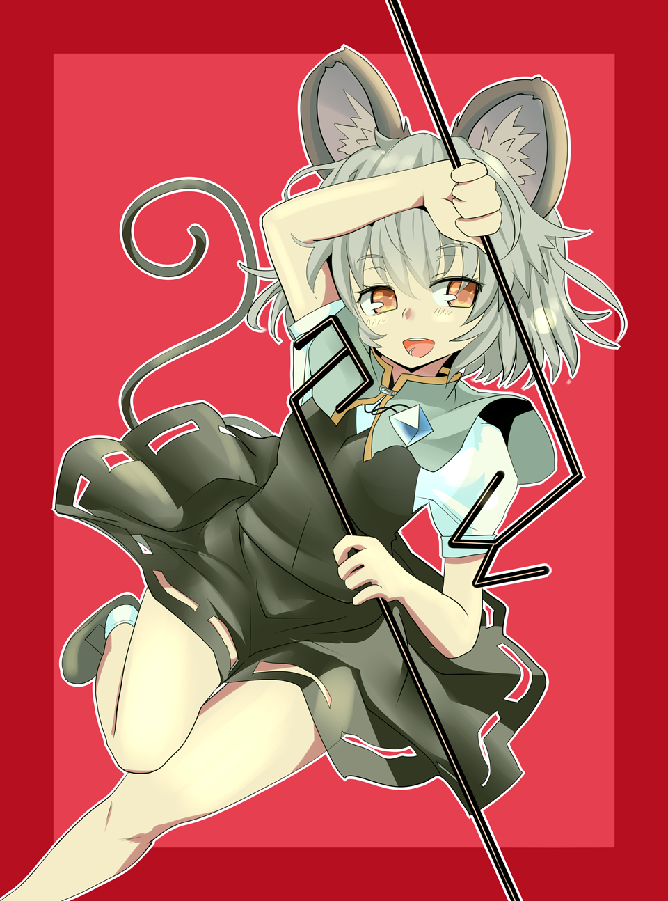 1girl animal_ears bangs black_shoes black_skirt capelet dowsing_rod grey_hair highres holding ishikkoro miniskirt mouse_ears mouse_tail nazrin open_mouth orange_eyes red_background shoes short_sleeves skirt smile socks solo tail touhou white_legwear