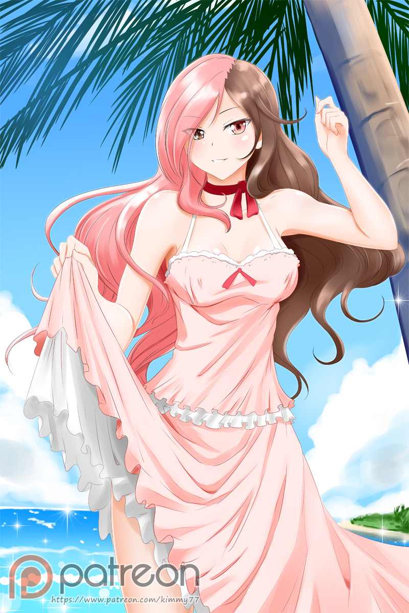 1girl alfred_cullado black_hair blue_skirt breasts brown_hair choker cleavage clouds dress dress_lift flower hair_over_one_eye heterochromia highres long_hair medium_breasts multicolored_hair neo_(rwby) ocean palm_tree patreon_logo pink_eyes pink_hair ribbon_choker rwby skirt smile solo sunflower thighs tree water watermark web_address