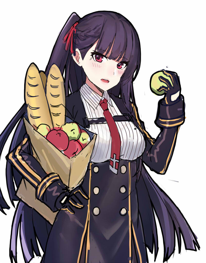 1girl apple bag baguette bangs black_gloves blush bread cowboy_shot echj eyebrows_visible_through_hair food fruit girls_frontline gloves grocery_bag hair_ribbon holding holding_bag holding_fruit long_hair long_sleeves looking_at_viewer military military_uniform one_side_up open_mouth purple_hair ribbon shopping_bag simple_background smile solo teeth uniform violet_eyes wa2000_(girls_frontline) white_background