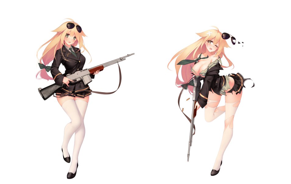 1girl :d ;o ahoge ammunition aviator_sunglasses bandage bandaid bare_shoulders black_coat black_jacket black_shoes black_skirt blonde_hair blush bow breasts broken_sunglasses browning_automatic_rifle buttons cleavage collared_shirt convenient_censoring crossed_bandaids d; eyebrows eyebrows_visible_through_hair full_body girls_frontline gold_trim green_bow green_necktie green_shirt gun hair_bow holding holding_gun holding_weapon ironsights jacket large_breasts leg_up long_hair long_sleeves looking_at_viewer low-tied_long_hair m1918_bar m1918_bar_(girls_frontline) machine_gun medium_breasts military military_uniform miniskirt necktie off_shoulder official_art one_eye_closed open_mouth pleated_skirt pocket red-framed_eyewear rifle shatter shirt shoes skirt sling smile solo standing standing_on_one_leg suisai. sunglasses sunglasses_on_head thigh-highs thigh_gap torn_clothes torn_necktie torn_shirt torn_skirt torn_thighhighs transparent_background trigger_discipline uniform very_long_hair weapon white_legwear white_shirt wince wing_collar yellow_eyes zettai_ryouiki