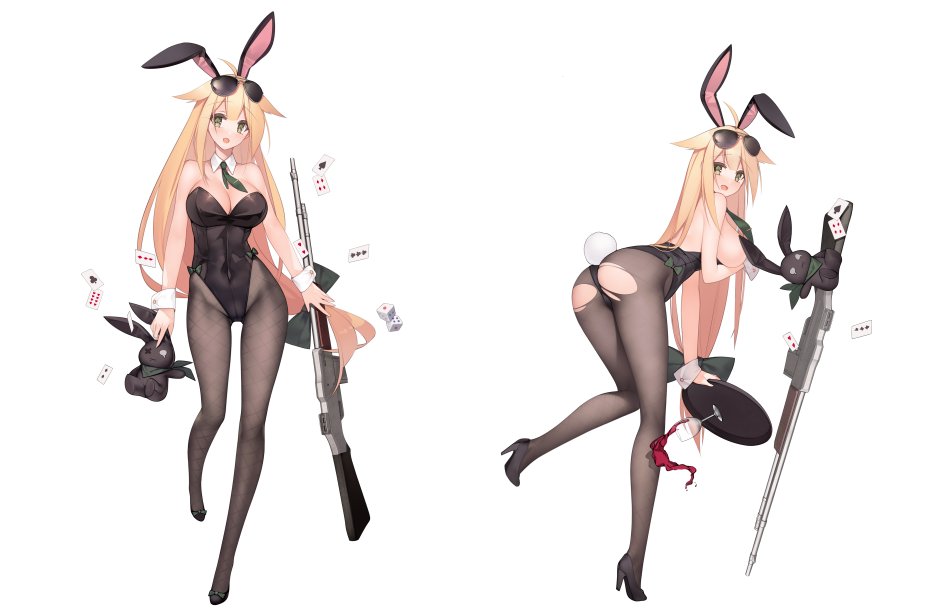 1girl alcohol animal_ears ass aviator_sunglasses black_legwear black_shoes blonde_hair blush bow breasts bunnysuit card cleavage full_body girls_frontline gun hair_bow high_heels holding holding_weapon large_breasts long_hair looking_at_viewer looking_back low-tied_long_hair m1918_bar m1918_bar_(girls_frontline) machine_gun necktie official_art pantyhose playing_card rabbit_ears shoes sideboob solo suisai. sunglasses sunglasses_on_head torn_clothes torn_pantyhose transparent_background very_long_hair weapon wine yellow_eyes