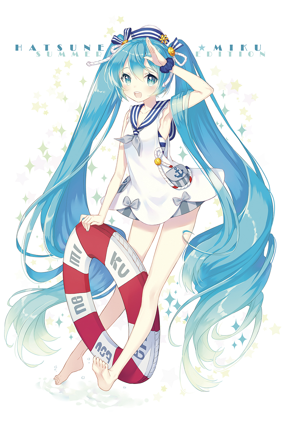 1girl absurdly_long_hair aqua_eyes aqua_hair barefoot blush character_name dress full_body hat hatsune_miku highres innertube long_hair looking_at_viewer manle open_mouth sailor_dress sailor_hat salute solo twintails very_long_hair vocaloid