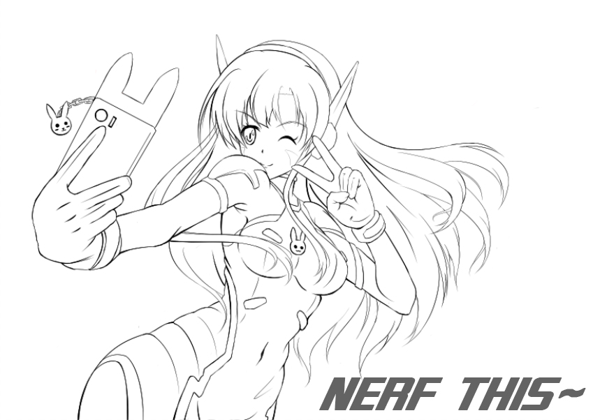 1girl animal_print bangs bodysuit breasts bunny_print cellphone charm_(object) commentary_request cowboy_shot d.va_(overwatch) english facepaint facial_mark gloves graphite_(medium) headphones high_collar holding holding_phone kenmiko long_hair looking_at_phone medium_breasts monochrome one_eye_closed overwatch phone pilot_suit pose self_shot shoulder_pads simple_background sketch skin_tight smartphone smile solo swept_bangs taking_picture traditional_media v whisker_markings white_background