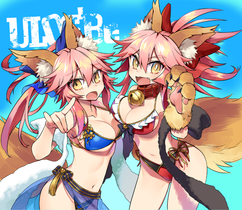 2girls animal_ears bell bell_collar bikini blue_bikini blush breasts cleavage collar commentary_request fang fate/extra fate/extra_ccc fate/grand_order fate_(series) fox_ears fox_shadow_puppet fox_tail hair_ribbon large_breasts long_hair looking_at_viewer multiple_girls navel negi_(ulog'be) open_mouth paws pink_hair red_bikini ribbon swimsuit tail tamamo_(fate)_(all) tamamo_cat_(fate) tamamo_no_mae_(swimsuit_lancer)_(fate) yellow_eyes