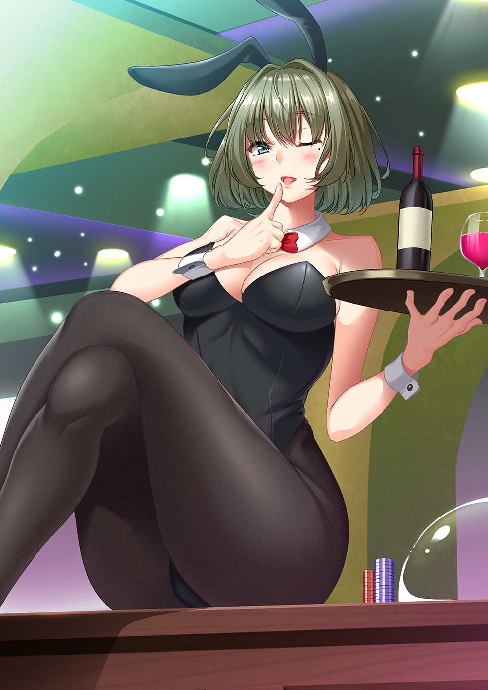 10s 1girl ame_isshiki animal_ears black_leotard blue_eyes bottle bow bowtie breasts brown_hair bunnysuit cup detached_collar drinking_glass finger_to_mouth green_eyes heterochromia highres idolmaster idolmaster_cinderella_girls leotard looking_at_viewer medium_breasts mole mole_under_eye open_mouth pantyhose rabbit_ears red_bow red_bowtie short_hair sitting solo strapless strapless_leotard takagaki_kaede tray wine_bottle wine_glass wrist_cuffs