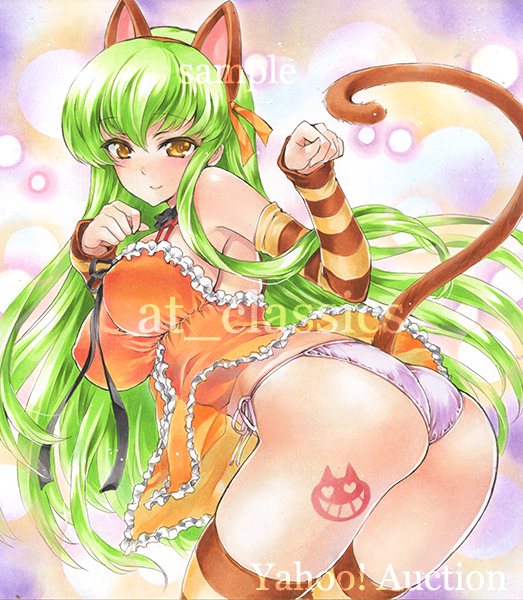 1girl animal_ears arm_warmers artist_name ass at_classics bangs bikini breasts c.c. cat_ears cat_tail closed_mouth code_geass cowboy_shot erect_nipples eyebrows_visible_through_hair green_hair hair_between_eyes large_breasts long_hair looking_at_viewer looking_back panties sample side-tie_bikini sidelocks smile solo striped striped_legwear swimsuit tail thigh-highs traditional_media twisted_torso underwear watermark white_panties yellow_eyes