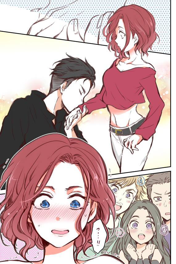 !? 2girls 3boys :d beard black_hair blonde_hair blue_eyes blush brown_hair closed_eyes comic emil_nekola facial_hair hand_kiss heart kiss michele_crispino mila_babicheva multiple_boys multiple_girls musical_note nana_natsunemu open_mouth otabek_altin redhead sara_crispino silent_comic smile spoken_heart spoken_musical_note violet_eyes yuri!!!_on_ice