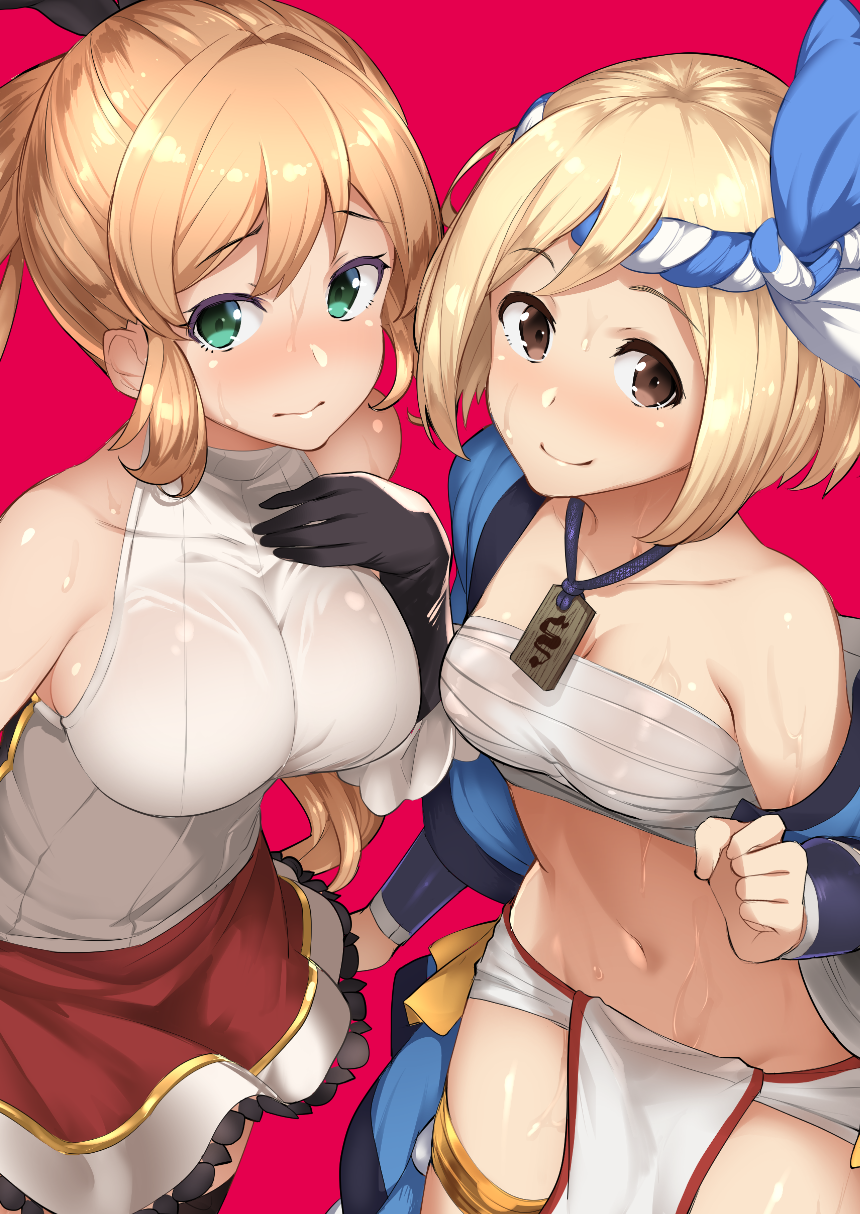 2girls 3: bangs batsu black_gloves black_legwear blush bracer breasts brown_eyes brown_hair clarisse_(granblue_fantasy) closed_mouth collarbone djeeta_(granblue_fantasy) eyebrows_visible_through_hair gloves granblue_fantasy green_eyes halter_top halterneck hand_on_own_chest highres jewelry large_breasts long_hair looking_at_viewer medium_breasts midriff multiple_girls navel necklace off_shoulder pelvic_curtain purple_background red_skirt ribbed_sweater sarashi shirt short_hair sidelocks simple_background skirt sleeveless sleeveless_shirt smile sweat sweat_stain sweater thigh-highs thighs turtleneck very_long_hair wet