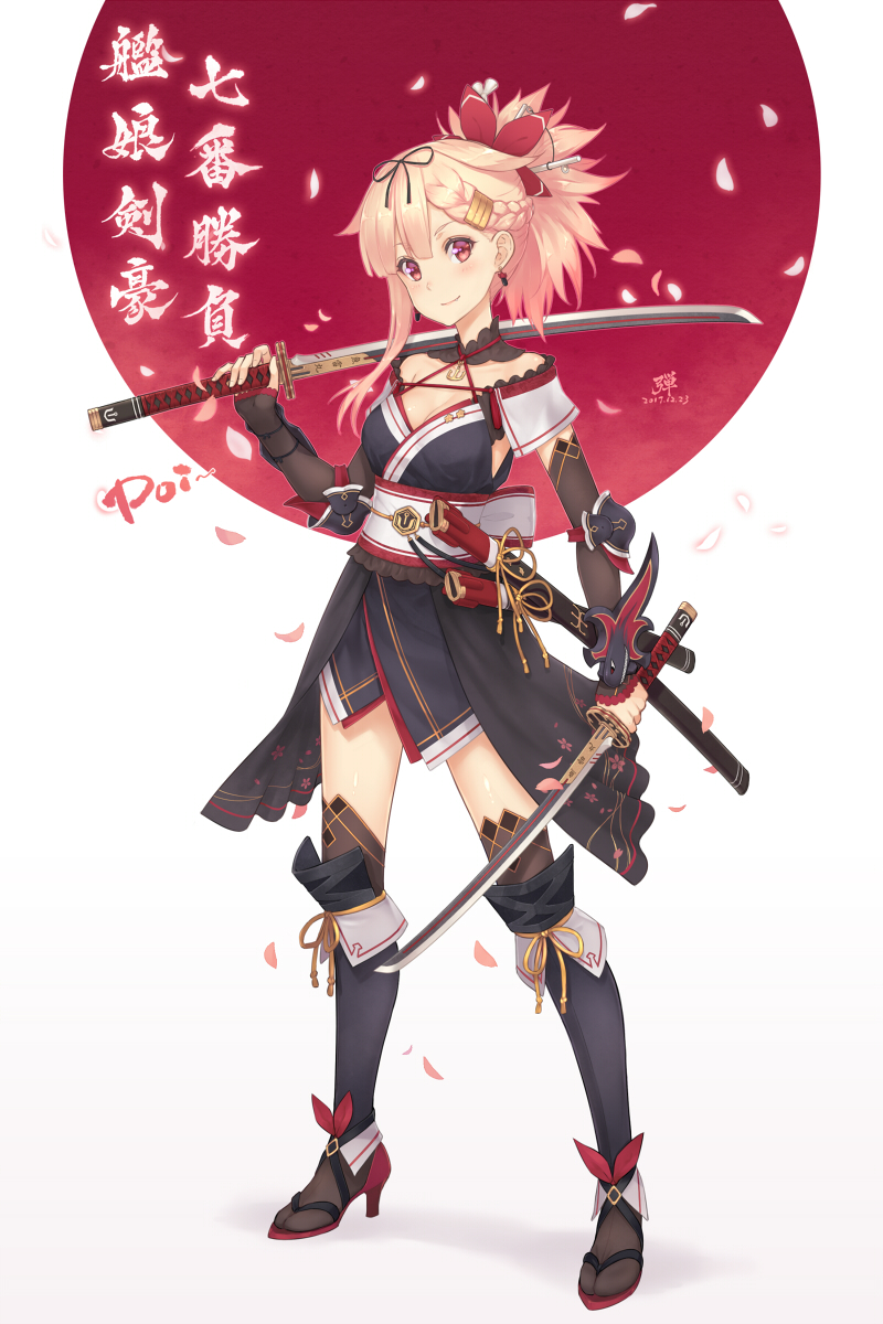 1girl adapted_costume alternate_costume anchor_symbol arm_guards armor black_legwear black_ribbon blonde_hair blush braid breasts cleavage closed_mouth cosplay dan_(kumadan) dual_wielding earrings elbow_pads fang_out fate/grand_order fate_(series) fire french_braid full_body hair_ornament hair_ribbon hairclip highres holding holding_sword holding_weapon japanese_clothes jewelry kantai_collection katana kimono kneehighs legs_apart long_sleeves looking_at_viewer medium_breasts miyamoto_musashi_(fate/grand_order) miyamoto_musashi_(fate/grand_order)_(cosplay) obi over_shoulder ponytail purple_fire purple_kimono red_eyes remodel_(kantai_collection) ribbon sash short_hair smug solo standing sword tareme thigh-highs unsheathed waist_cape weapon weapon_over_shoulder yuudachi_(kantai_collection)