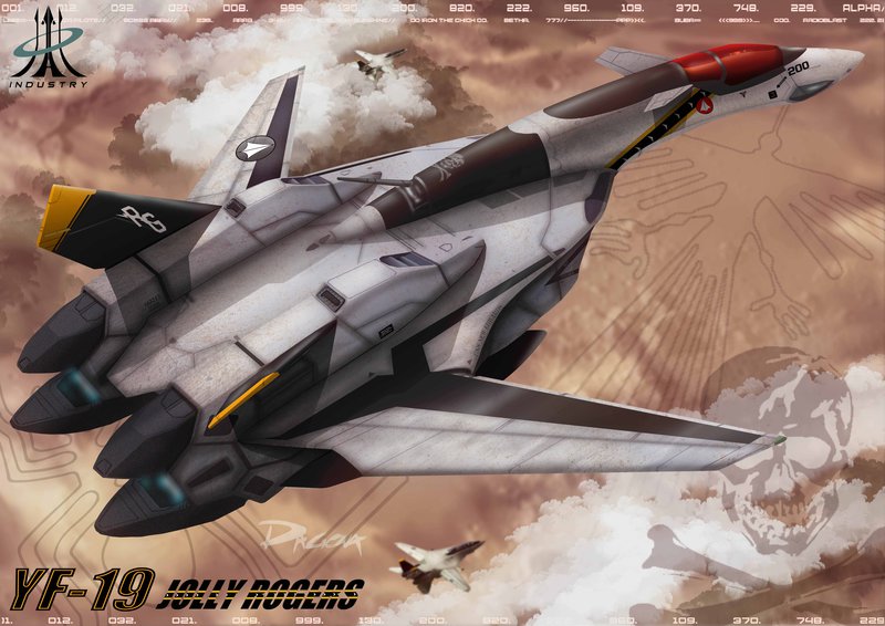 aircraft airplane canards clouds dagova_(artist) desert energy_cannon f-14_tomcat fighter_jet flying jet jolly_roger macross macross_plus mecha military military_vehicle nazca_lines peru roundel science_fiction signature u.n._spacy variable_fighter yf-19