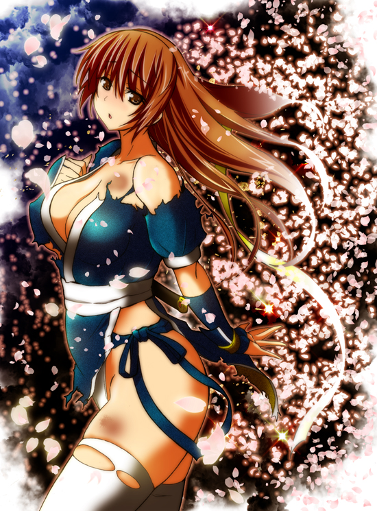 1girl bangs blush breasts brown_eyes brown_hair choker cleavage collarbone cowboy_shot dead_or_alive from_side japanese_clothes kasumi_(doa) kettsu large_breasts long_hair looking_at_viewer looking_to_the_side ninja parted_lips pelvic_curtain sash solo thigh-highs torn_clothes torn_thighhighs white_legwear wrist_wraps