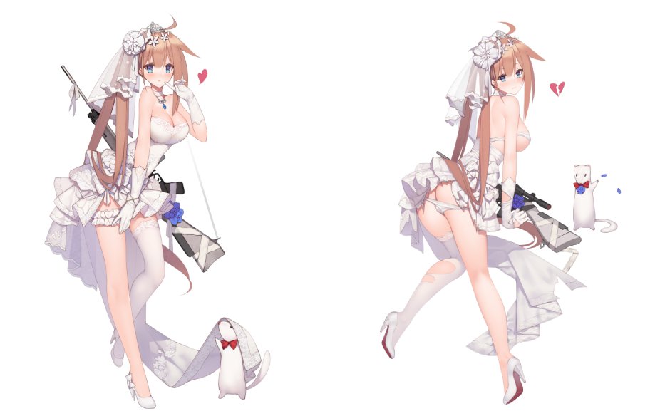 1girl ahoge animal ass bangs battle_rifle blonde_hair blue_eyes blunt_bangs blush bow bowtie breasts bridal_veil bride broken_heart choker closed_mouth dress elbow_gloves eyebrows_visible_through_hair fal_(girls_frontline) finger_to_mouth flower fn_fal from_behind full_body garters gem girls_frontline gloves gun hair_between_eyes hair_flower hair_ornament hand_up high_heels jewelry knees_together_feet_apart knife large_breasts leg_up long_hair looking_at_viewer looking_back necklace one_leg_raised open_mouth rat red_bow red_bowtie rifle scope shadow short_dress side_ponytail sidelocks single_thighhigh solo standing standing_on_one_leg strapless strapless_dress suisai. thigh-highs tiara torn_clothes torn_dress veil very_long_hair weapon weapon_on_back wedding_dress white_background white_dress white_flower white_gloves white_legwear