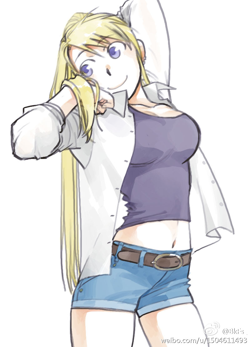 1girl belt blackfoxes blonde_hair blue_eyes blue_shirt earrings eyebrows_visible_through_hair fullmetal_alchemist hand_on_own_face jewelry long_hair looking_away navel ponytail shirt shorts simple_background smile solo_focus watermark white_background white_shirt winry_rockbell
