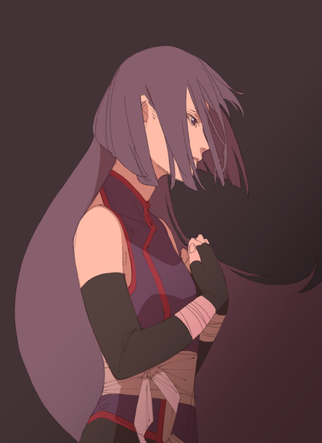 1girl bandage bare_shoulders boruto:_naruto_next_generations elbow_gloves fingerless_gloves from_side gloves hands_on_own_chest kakei_sumire kuma_(pixiv15491955) long_hair naruto purple_hair sleeveless solo violet_eyes