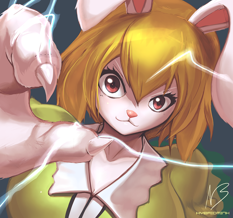 1girl animal_ears artist_name blonde_hair blue_background carrot_(one_piece) electricity furry hybridmink one_piece portrait rabbit_ears red_eyes simple_background solo