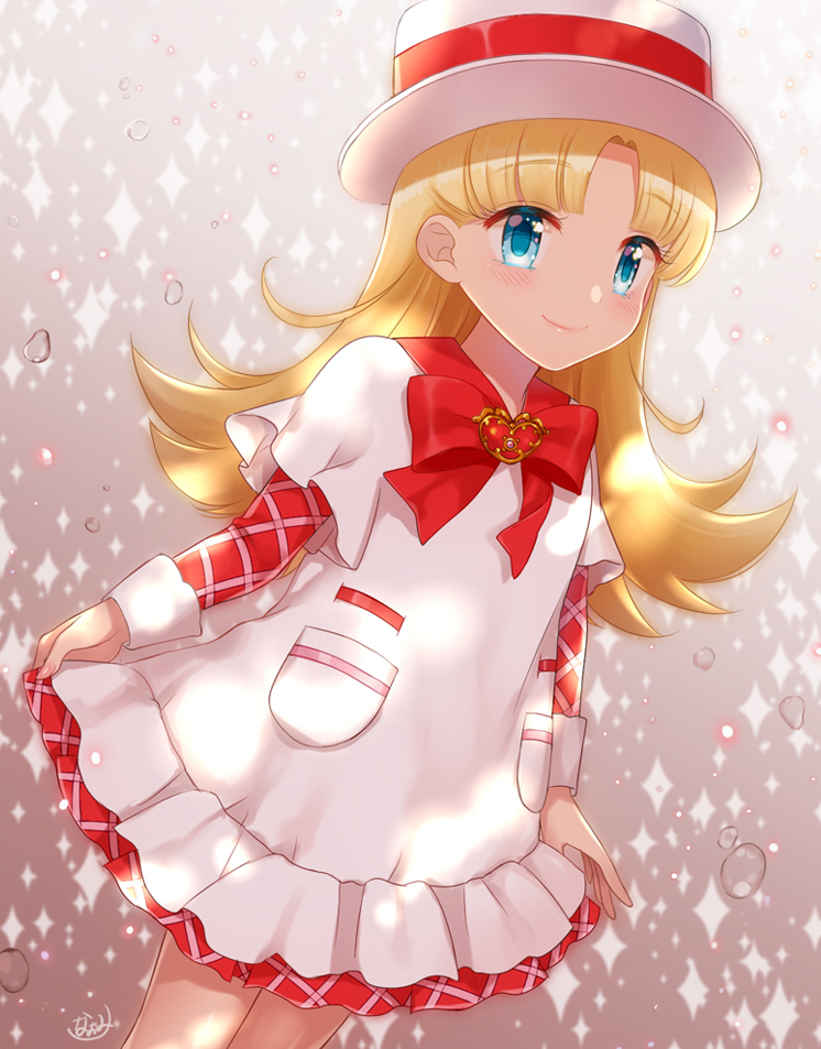 1girl ashita_no_nadja bangs blonde_hair blue_eyes blush bow bowtie breasts closed_eyes commentary_request cowboy_shot dress droplet dutch_angle eyebrows_visible_through_hair gradient gradient_background hat layered_dress long_hair long_sleeves looking_at_viewer nadja_applefield naomi_(fantasia) parted_bangs pocket porkpie_hat red_bow red_bowtie signature skirt_hold small_breasts smile solo sparkle standing two-tone_background white_hat