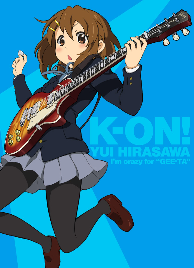 1girl brown_eyes brown_hair gibson guitar hirasawa_yui instrument jumping k-on! les_paul norizou pantyhose plectrum revision school_uniform short_hair solo