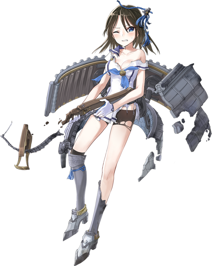 1girl bare_shoulders bike_shorts blue_eyes blue_neckerchief boots bowgun breasts broken broken_weapon brown_hair cleavage dress full_body gloves hair_ornament holding holding_weapon kazune_(baumkuchen) looking_at_viewer medium_breasts mihara_(oshiro_project) neckerchief one_eye_closed oshiro_project oshiro_project_re pleated_skirt sailor_dress shorts_under_skirt skirt sleeveless thigh-highs thigh_boots torn_bike_shorts torn_boots torn_clothes torn_thighhighs transparent_background weapon