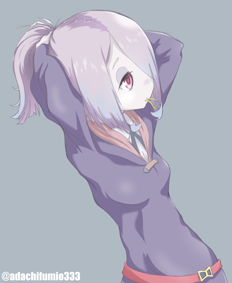 1girl adachi_fumio333 alternate_hairstyle calm hair_over_one_eye little_witch_academia long_hair ponytail robe silver_hair simple_background solo sucy_manbavaran twitter_username tying_hair upper_body