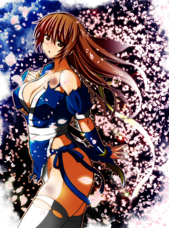 1girl bangs blush breasts brown_eyes brown_hair choker cleavage collarbone cowboy_shot dead_or_alive from_side japanese_clothes kasumi_(doa) kettsu large_breasts long_hair looking_at_viewer looking_to_the_side ninja parted_lips pelvic_curtain sash solo thigh-highs torn_clothes torn_thighhighs white_legwear wrist_wraps