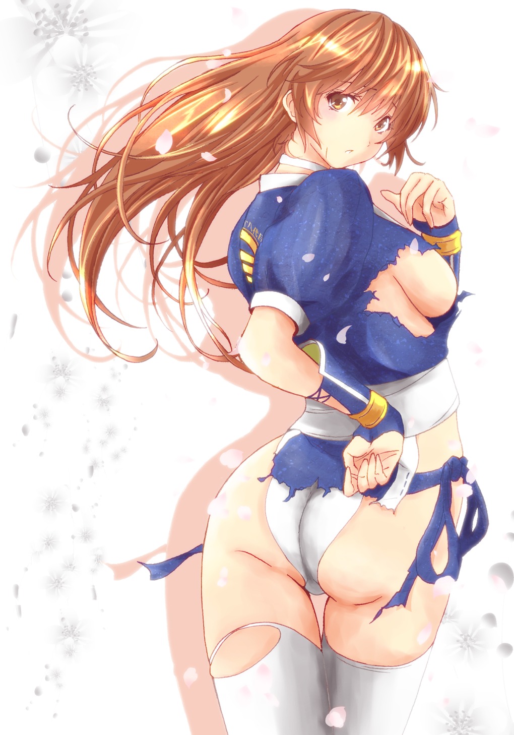 1girl ass bangs blush breasts brown_eyes brown_hair choker cowboy_shot dead_or_alive from_behind highres japanese_clothes kasumi_(doa) kettsu long_hair looking_at_viewer looking_back medium_breasts ninja panties parted_lips pelvic_curtain puffy_short_sleeves puffy_sleeves sash short_sleeves sideboob solo thigh-highs torn_clothes torn_thighhighs underwear white_legwear white_panties wrist_wraps