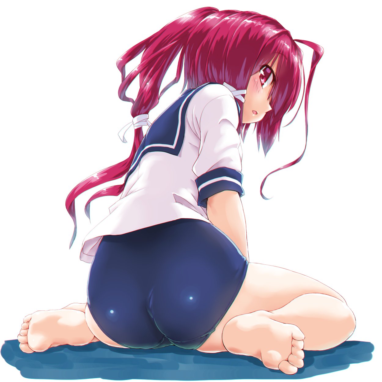 1girl ahoge ass back barefoot dd_(ijigendd) feet from_behind hair_ribbon highres i-168_(kantai_collection) kantai_collection long_hair looking_at_viewer looking_back one-piece_swimsuit open_mouth pink_hair ponytail redhead ribbon school_swimsuit school_uniform serafuku sitting soles solo swimsuit swimsuit_under_clothes toes wariza
