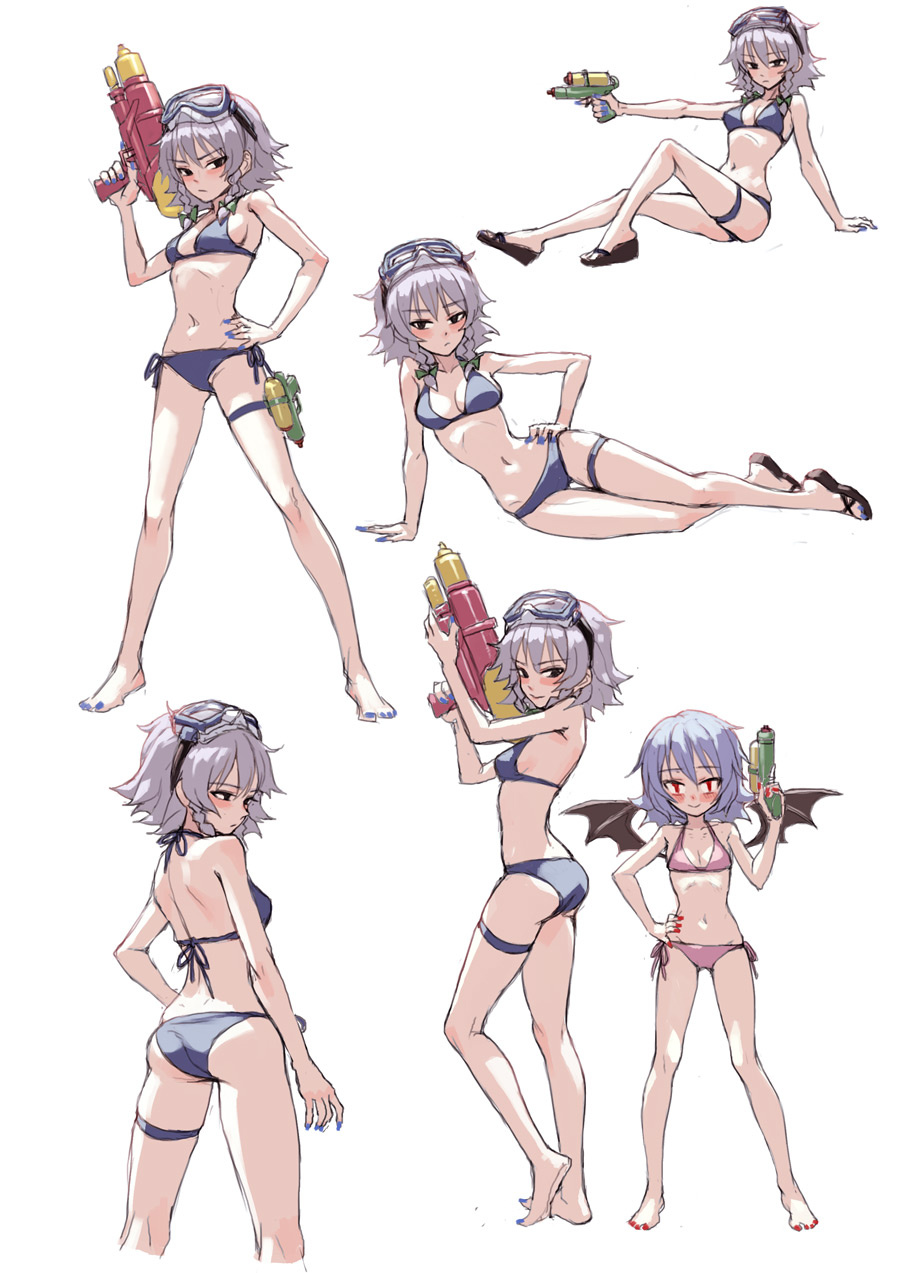 2girls :&gt; arm_support ass bare_legs bikini black_eyes black_wings blue_bikini blue_hair blush bow braid breasts cleavage contrapposto fkey flat_chest from_behind full_body gluteal_fold goggles goggles_on_head hair_bow hand_on_hip highres izayoi_sakuya leaning_back lying multiple_girls multiple_views nail_polish navel on_side pink_bikini red_eyes remilia_scarlet sandals short_hair side-tie_bikini silver_hair simple_background small_breasts standing swimsuit thigh_gap thigh_strap touhou trigger_discipline twin_braids water_gun white_background wings