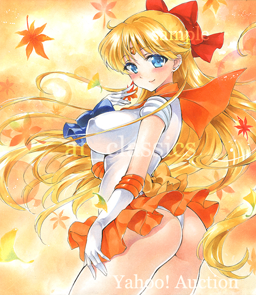 1girl aino_minako artist_name ass at_classics bangs bishoujo_senshi_sailor_moon blonde_hair blue_eyes blush bow breasts closed_mouth cowboy_shot earrings erect_nipples eyebrows_visible_through_hair forehead_jewel gloves hair_bow hand_up jewelry large_breasts leaf long_hair looking_at_viewer microskirt orange_skirt panties pleated_skirt red_bow sailor_venus sample short_sleeves skirt smile solo traditional_media underwear very_long_hair watermark white_gloves white_panties