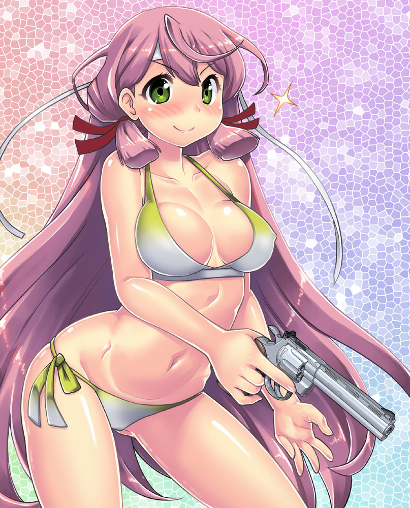 &gt;:) 1girl akashi_(kantai_collection) bikini blush breasts cleavage collarbone colt_python commentary_request erect_nipples firearm green_eyes gun hachimaki hair_ribbon handgun hase_yu headband holding holding_gun holding_weapon kantai_collection lavender_hair long_hair looking_at_viewer medium_breasts navel revolver ribbon side-tie_bikini smile solo sparkle standing swimsuit tress_ribbon trigger_discipline very_long_hair weapon