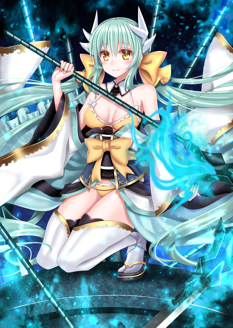 1girl aqua_hair bangs bare_shoulders bikini bikini_under_clothes blush bow breasts cleavage dragon_horns fate/grand_order fate_(series) full_body hair_bow hair_ornament horns japanese_clothes kimono kiyohime_(fate/grand_order) long_hair long_sleeves looking_at_viewer low_twintails medium_breasts obi off_shoulder parted_lips sash smile solo squatting swimsuit tabo thigh-highs twintails very_long_hair white_legwear wide_sleeves yellow_bikini yellow_bow yellow_eyes yuzushiro