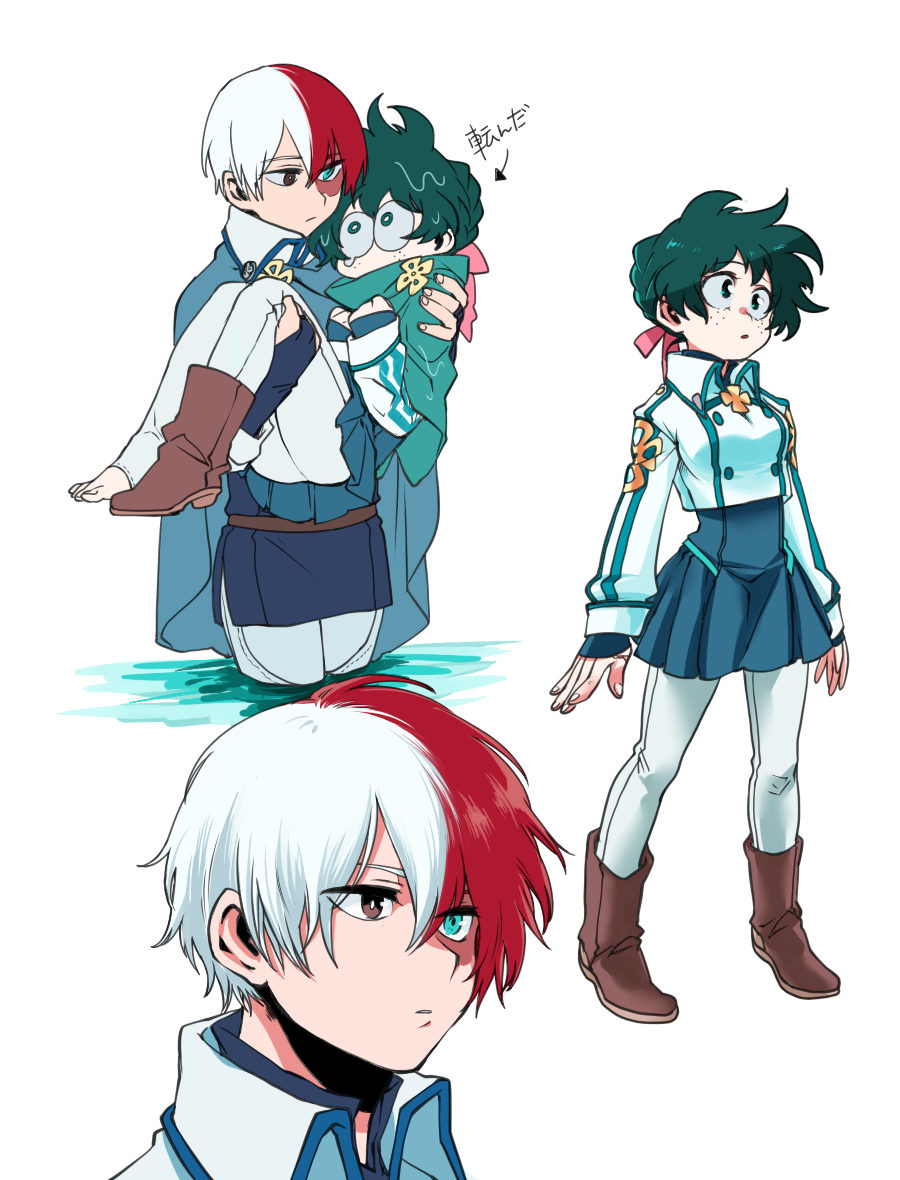 ! !! 1boy 1girl arrow blue_eyes blush boku_no_hero_academia boots braid brown_eyes capelet carrying expressionless face female freckles full_body genderswap genderswap_(mtf) green_eyes green_hair hair_ribbon half-closed_eyes heterochromia long_sleeves looking_at_another male midoriya_izuku multicolored_hair open_mouth pants partially_submerged princess_carry redhead ribbon shocked_eyes sideburns silverstar017 simple_background surprised sweat text todoroki_shouto two-tone_hair water white_background white_hair