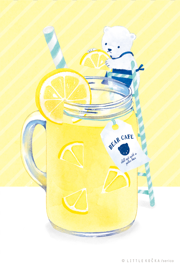 apron artist_name bear cup drinking_glass english food fruit ladder lemon lemon_slice lemonade no_humans original polar_bear serico striped striped_background watermark