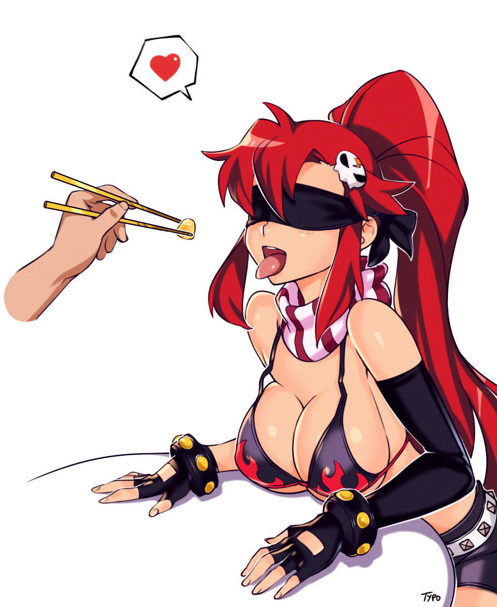 1girl bikini_top breast_rest breasts chopsticks cleavage commentary elbow_gloves flame_print food gloves heart highres large_breasts redhead scarf short_shorts shorts simple_background solo_focus spoken_heart tengen_toppa_gurren_lagann typo_(requiemdusk) yoko_littner