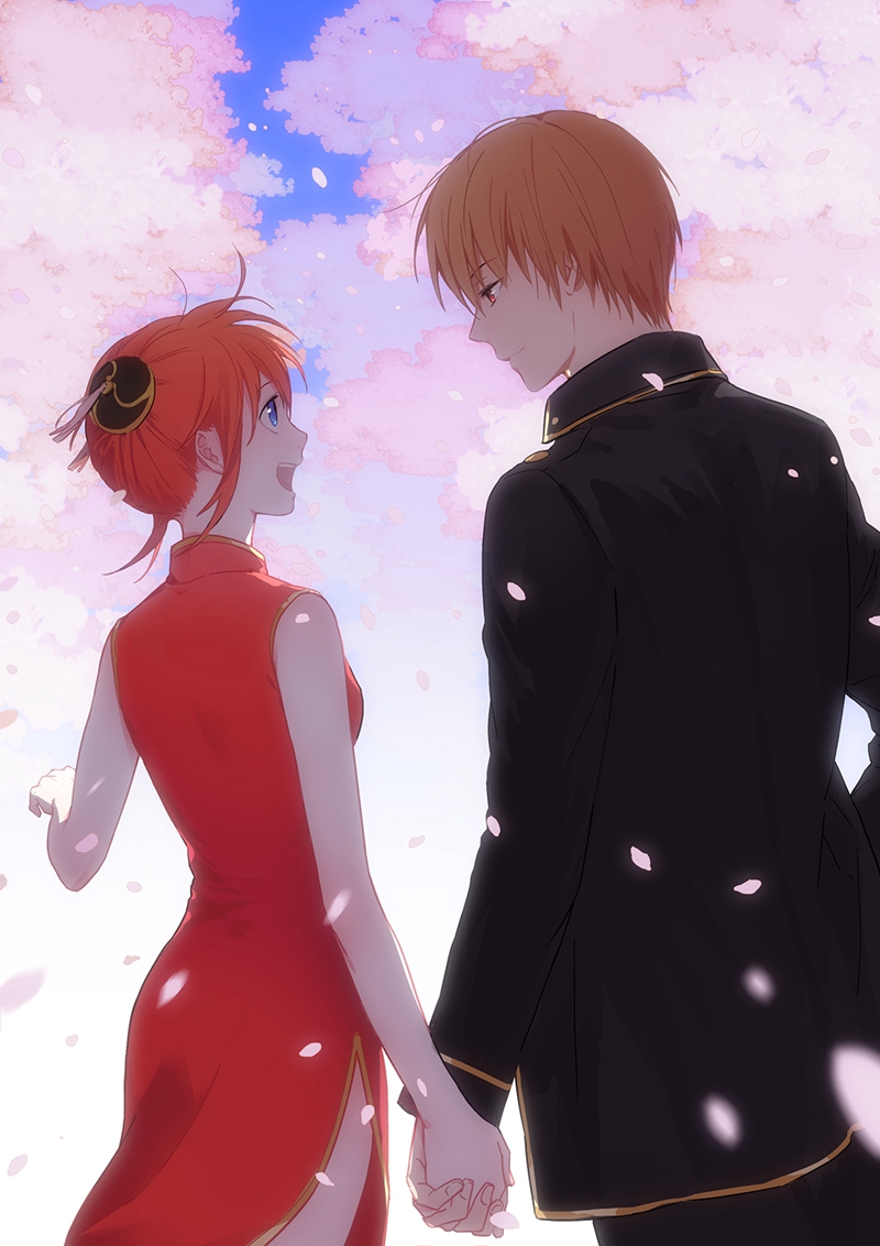 1boy 1girl blue_eyes brown_hair bun_cover cherry_blossoms china_dress chinese_clothes couple dress gintama hand_holding hetero kagura_(gintama) loli_bushi okita_sougo orange_hair petals red_eyes side_slit sleeveless sleeveless_dress uniform