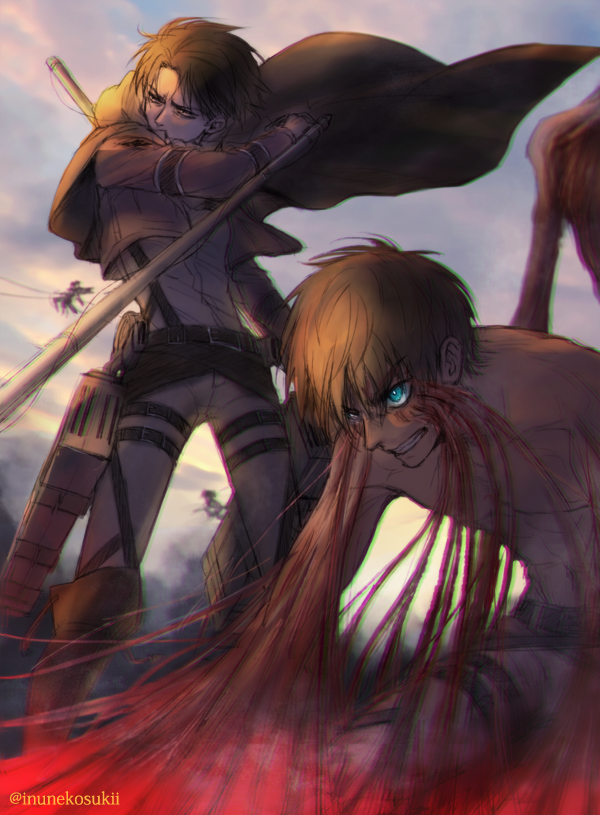 2boys angry blood blue_eyes brown_eyes cable clenched_teeth dual_wielding eren_yeager jacket lena_rena levi_(shingeki_no_kyojin) male_focus military military_uniform multiple_boys shingeki_no_kyojin shirtless sunset teeth thigh_strap three-dimensional_maneuver_gear tonfa twitter_username uniform weapon wire