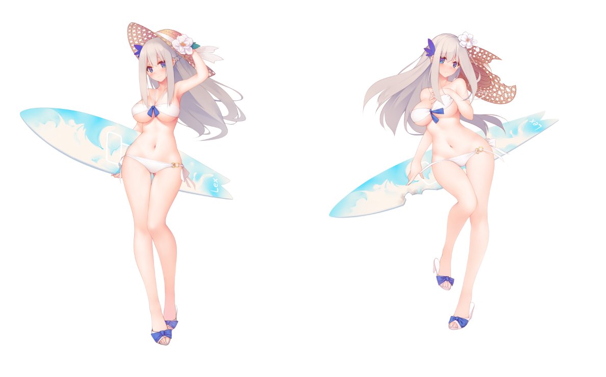 1girl barefoot_sandals blue_eyes blush breasts character_request cleavage closed_mouth eyebrows_visible_through_hair flower grey_hair hat hat_flower large_breasts long_hair looking_at_viewer navel suisai. sun_hat surfboard zhan_jian_shao_nyu